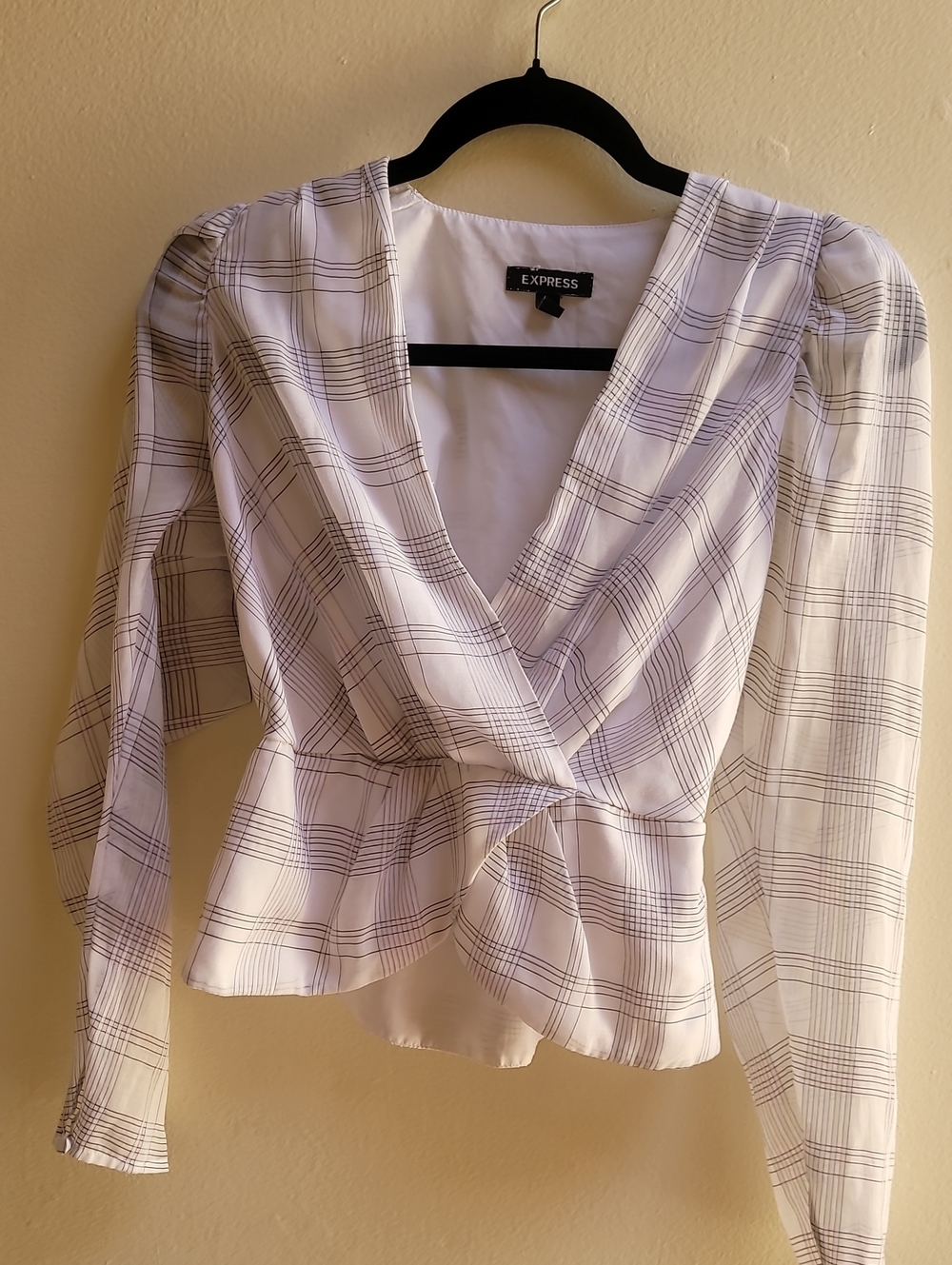 Express White Plaid Wrap Blouse with Black Lines